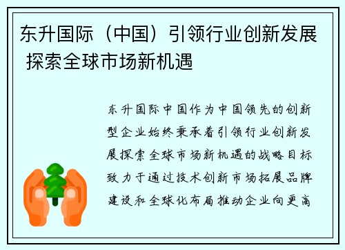 东升国际（中国）引领行业创新发展 探索全球市场新机遇